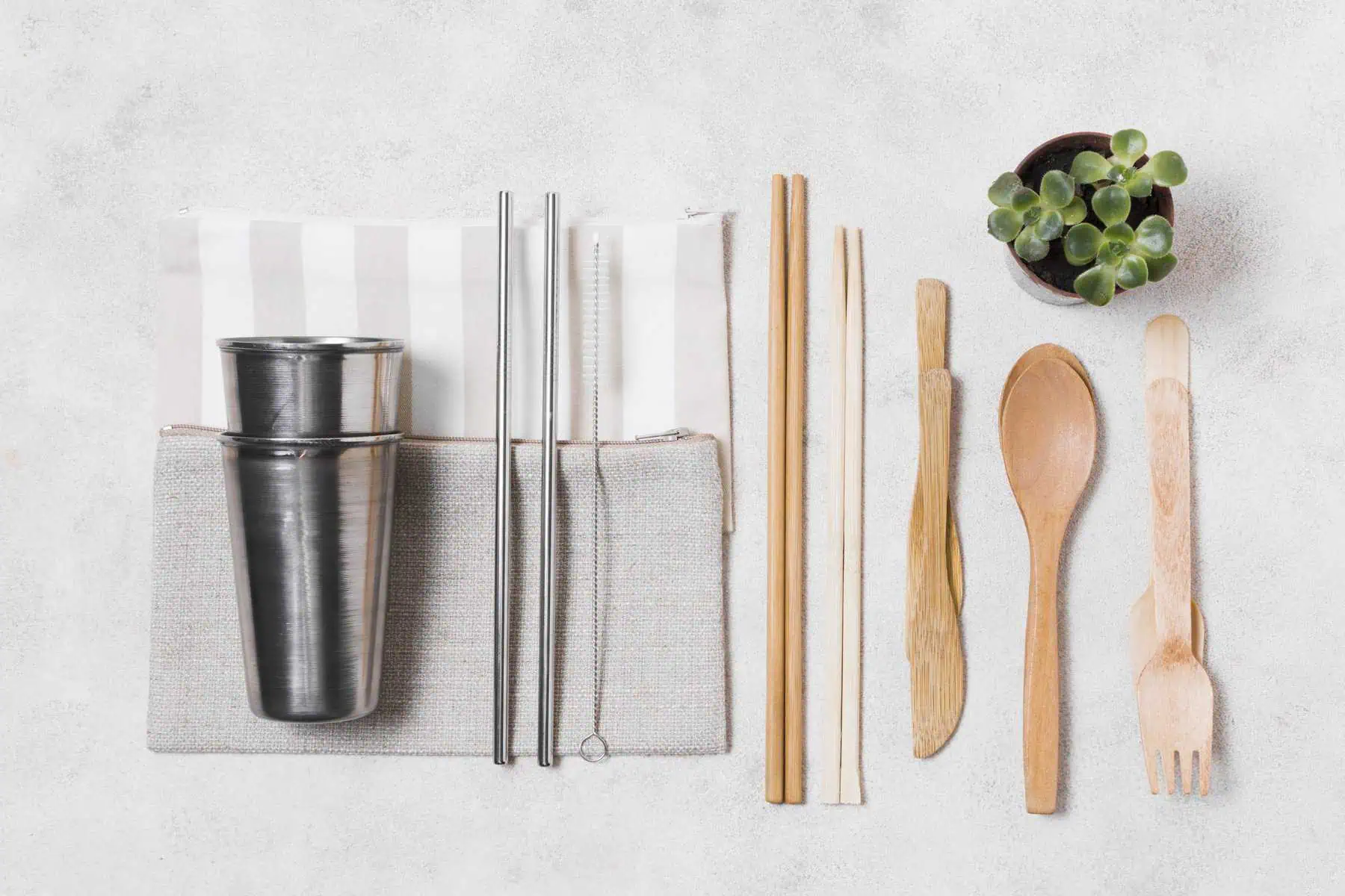Eco-friendly reusable utensils and cup with a small succulent plant.