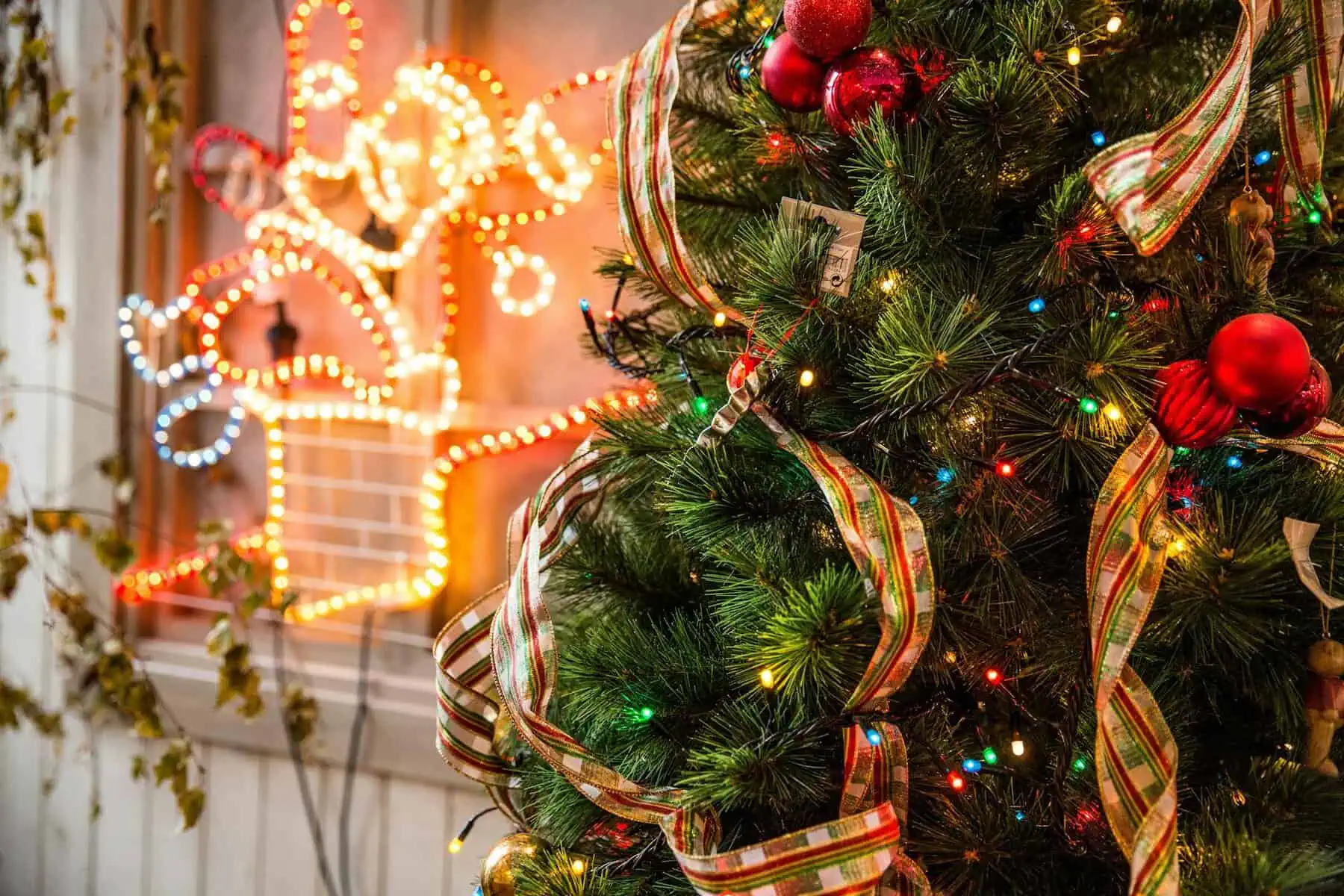 Christmas tree decorated with ornaments, ribbons, and colorful lights for the holiday season.