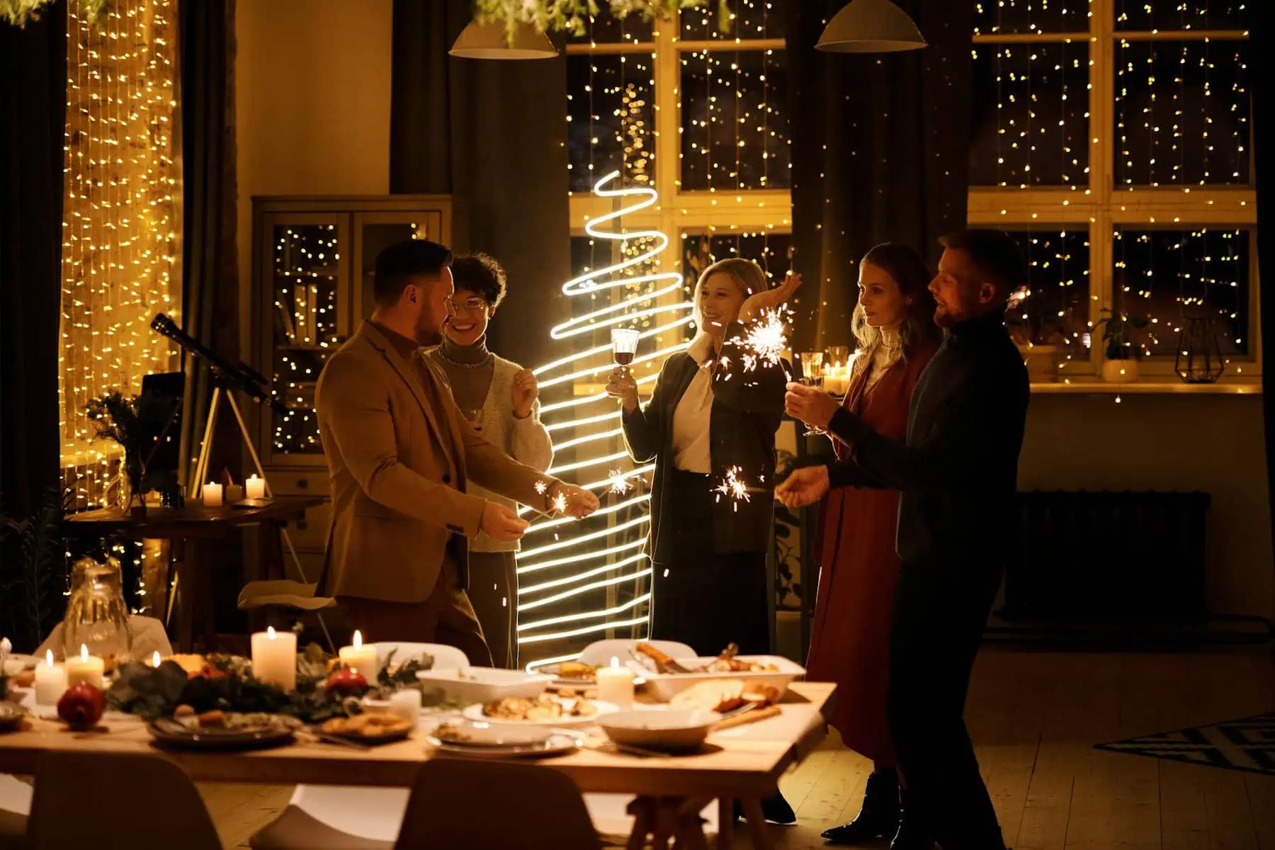 Celebration with friends holding sparklers in a warmly decorated room with festive lights.