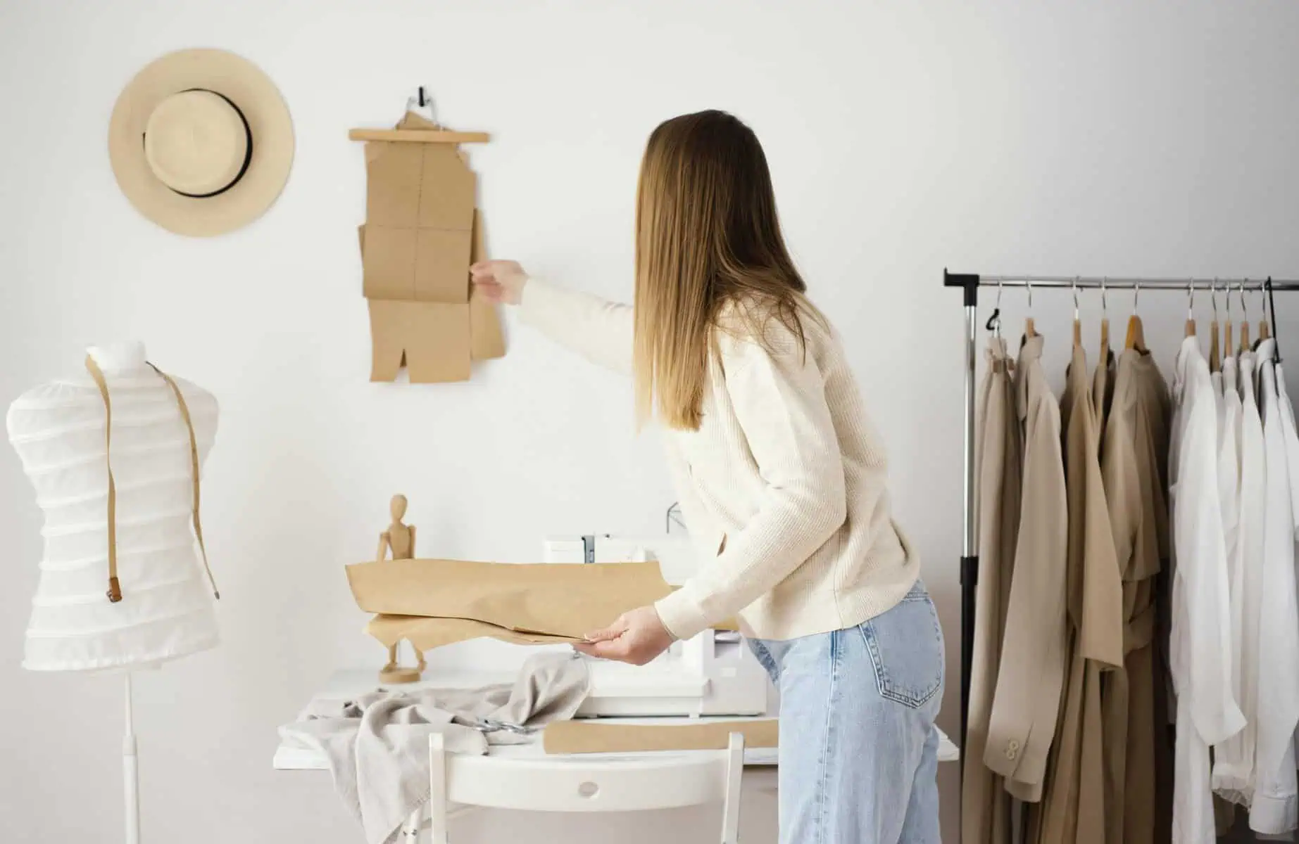 A woman organizing clothes in a minimalist boutique with neutral tones and simple decor.