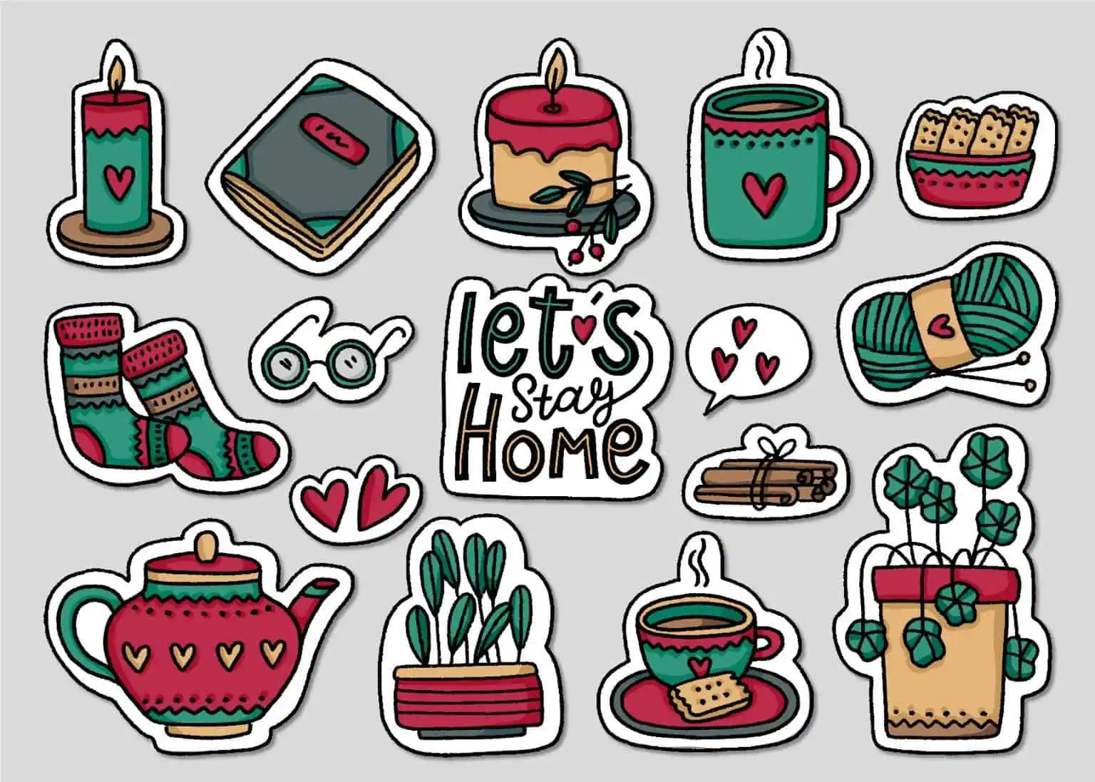 Festive winter holiday stickers with candles, books, candles, socks, and tea for a cozy home atmosph.