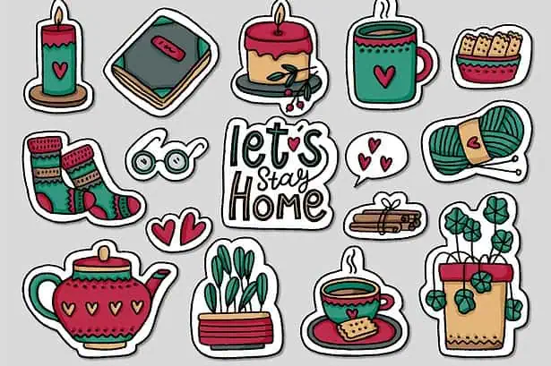 Festive winter holiday stickers with candles, books, candles, socks, and tea for a cozy home atmosph.