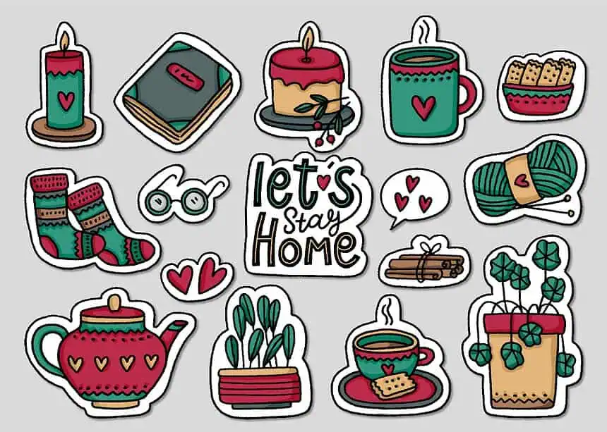 How to Design Stickers in 6 Fun and Easy Steps 1 Festive winter holiday stickers with candles, books, candles, socks, and tea for a cozy home atmosph.