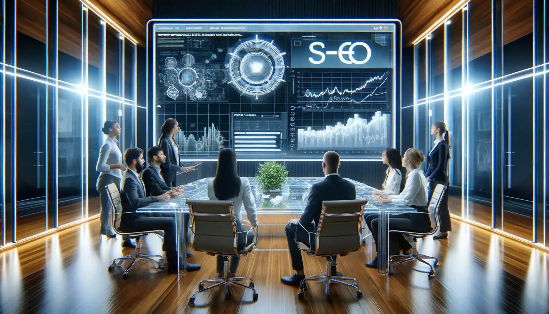 Business team analyzing data and charts on a large digital screen in a high-tech conference room.