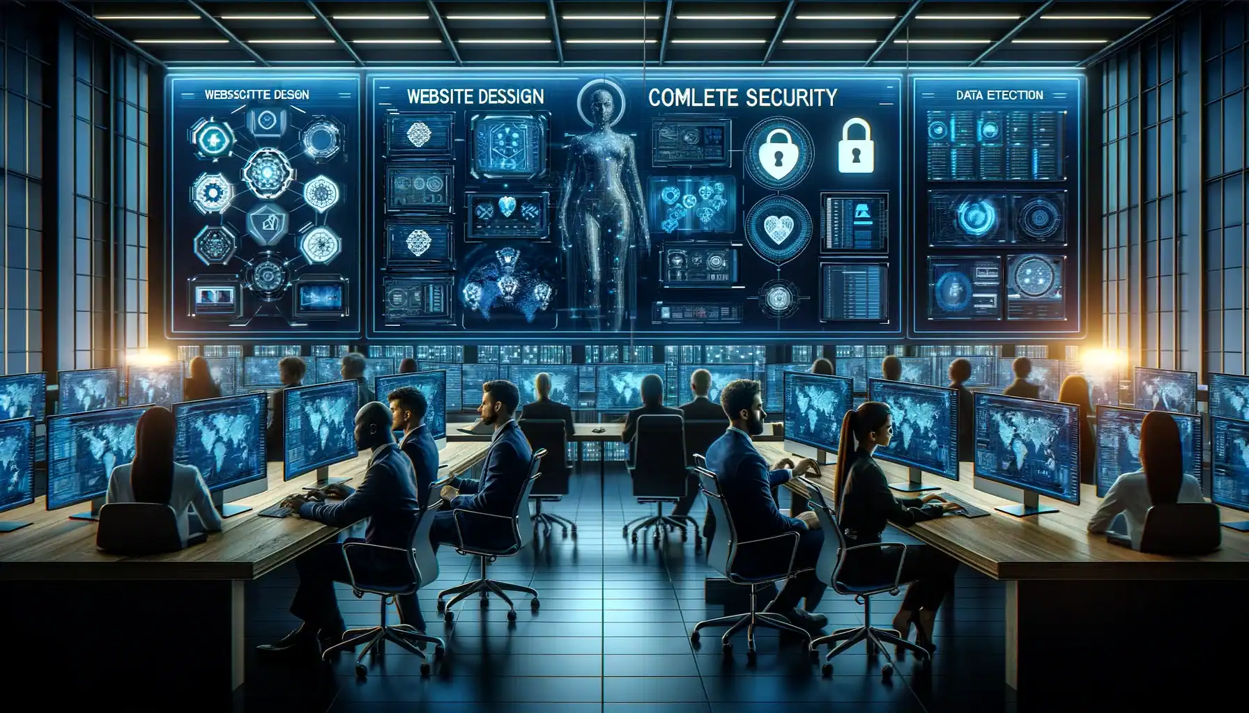 Home Icy 44 Advanced cybersecurity operations center with analysts monitoring data and security systems on multi.