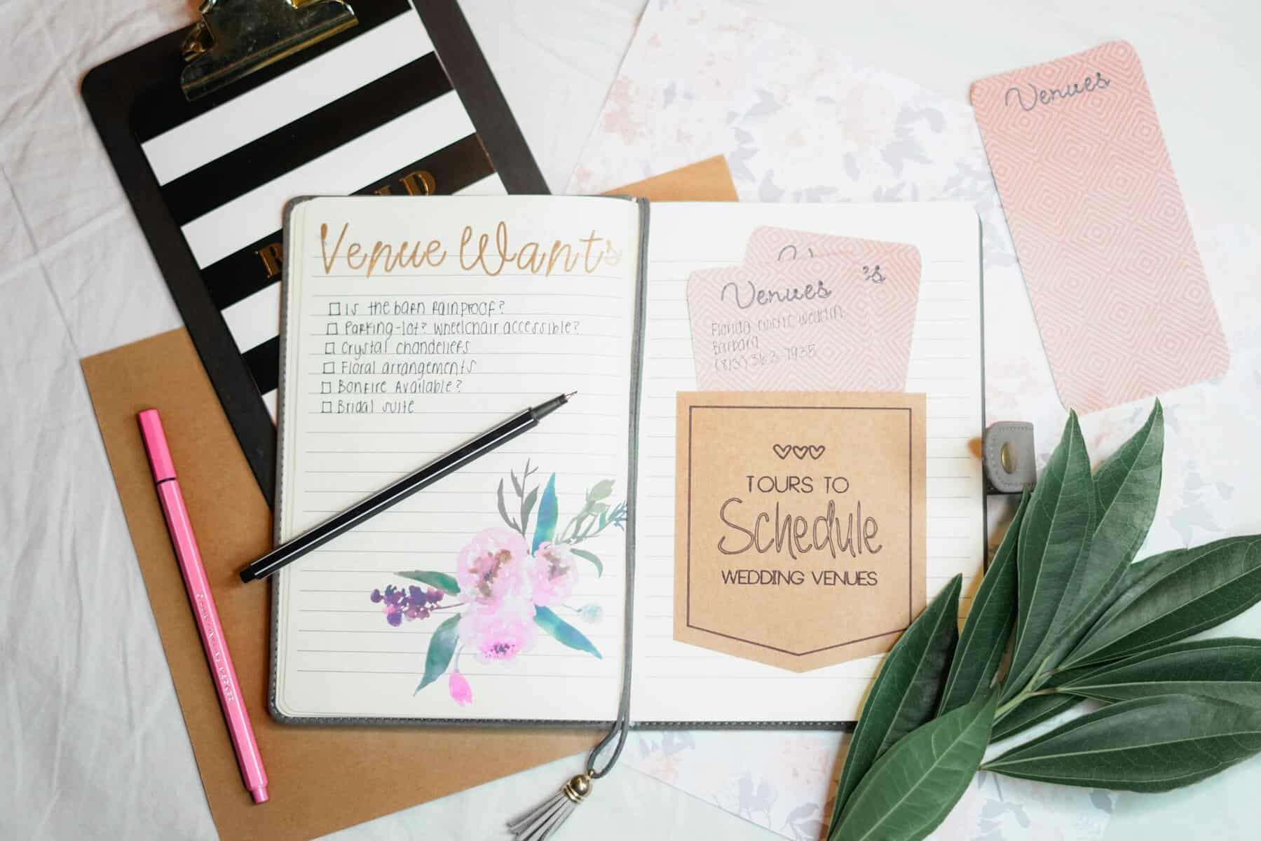 Home Icy 42 Wedding planning notebook with notes on venue options and schedule details.