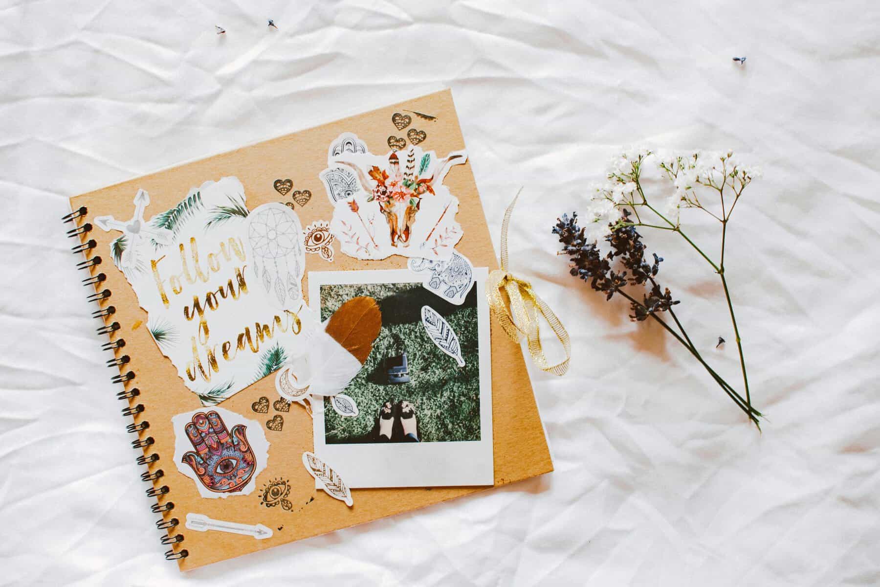 Home Icy 39 Scrapbook with floral decorations, heartfelt messages, and personal photos on a white textured backg.