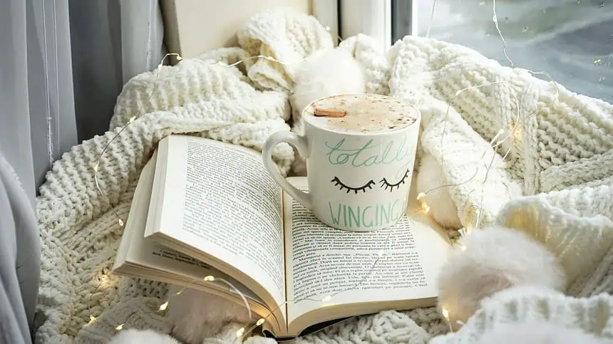 Open book with a mug on a cozy blanket by the window, perfect for relaxing reading.