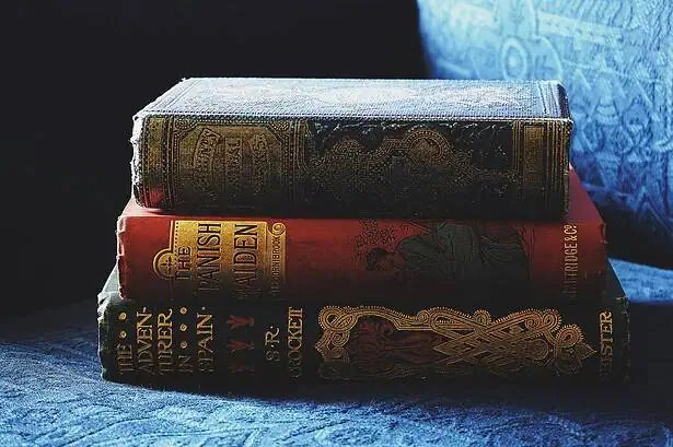 Old hardcover books with ornate designs and worn covers.