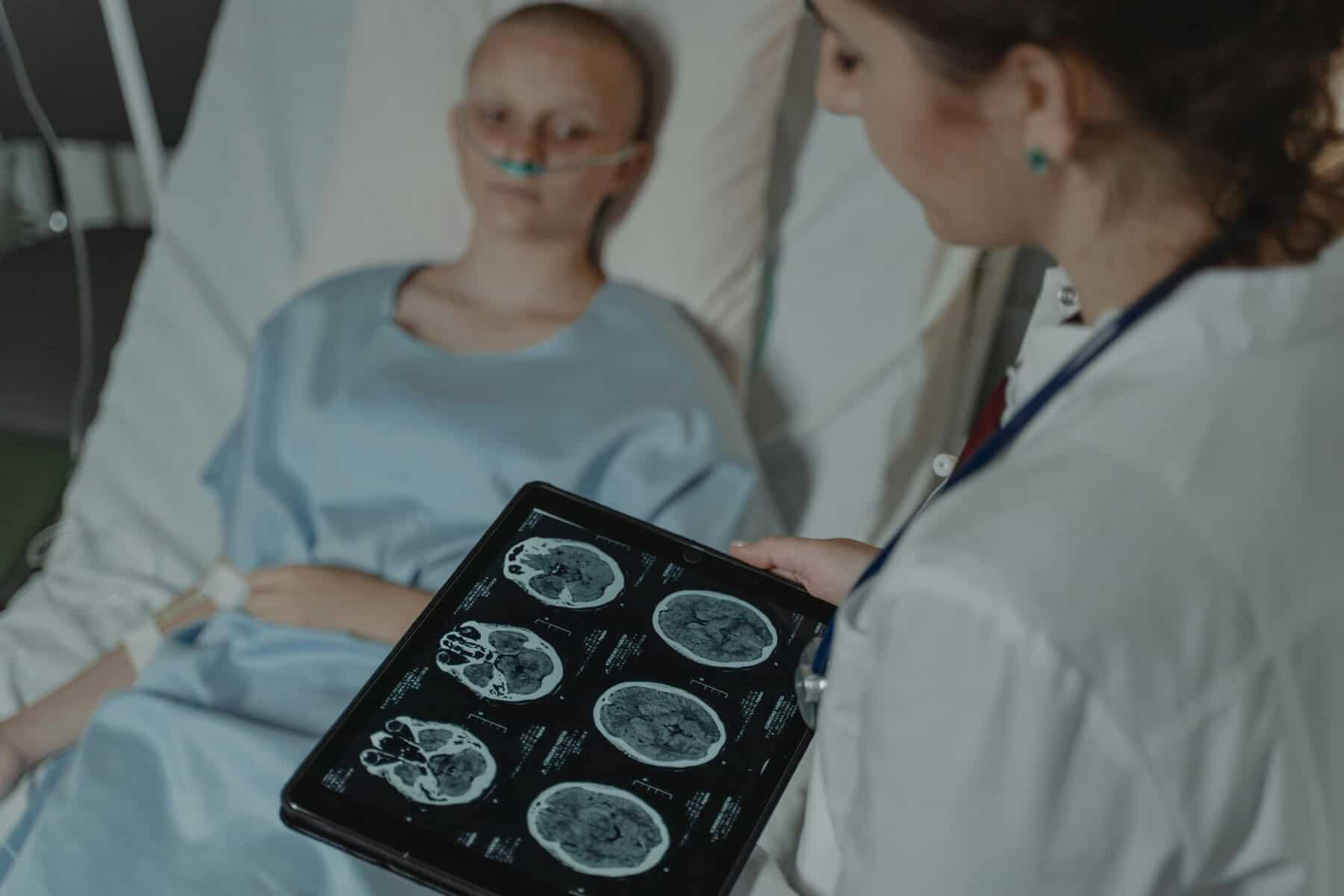 Brain MRI scan consultation with doctor and patient in hospital.