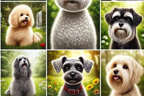 Cute animated dogs with fluffy fur and expressive eyes in a vibrant outdoor setting.
