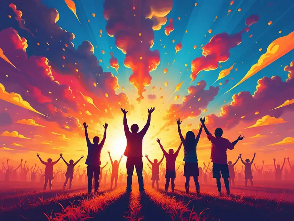 Icy Tales Forum Policies 1 Sunset with silhouetted people raising hands in celebration and unity.