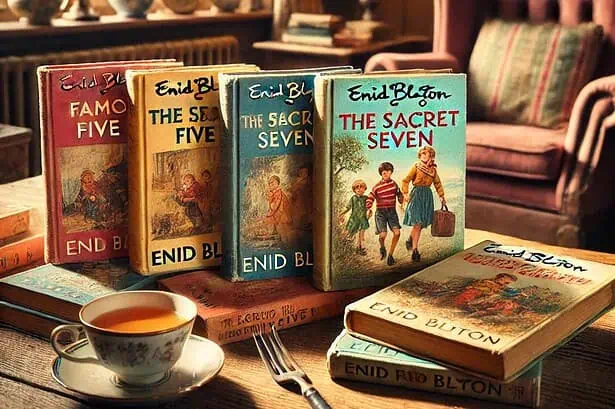 Books by Enid Blyton about The Sacred Seven on a wooden table.
