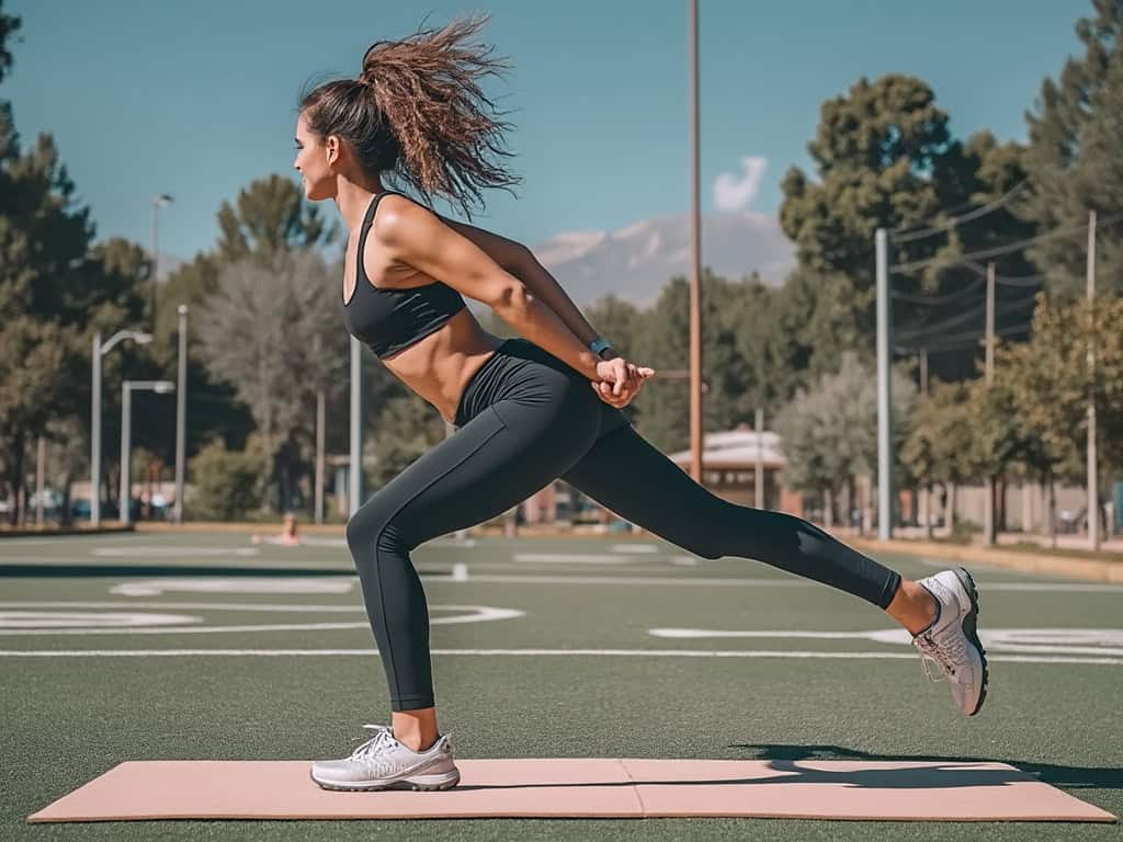 Home Icy 47 Woman performing a lunge exercise on a sports field.