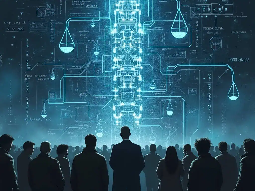 Futuristic digital network with silhouettes of people observing advanced tech displays.