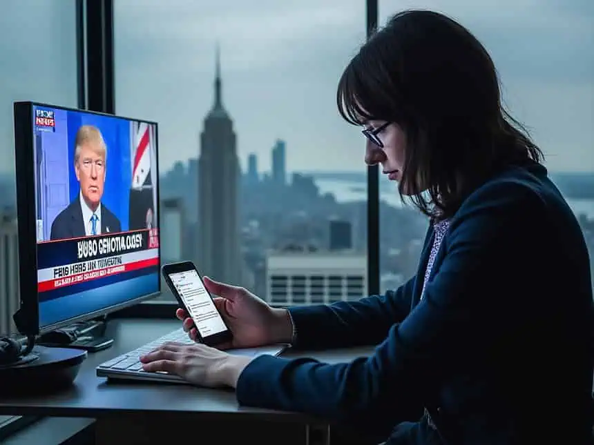 Businesswoman viewing news on her smartphone while working at her desk with NYC skyline view behind.