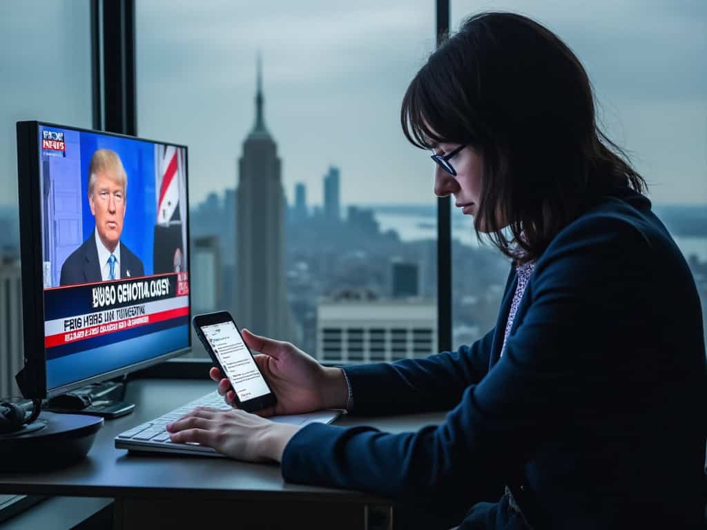 Businesswoman viewing news on her smartphone while working at her desk with NYC skyline view behind.