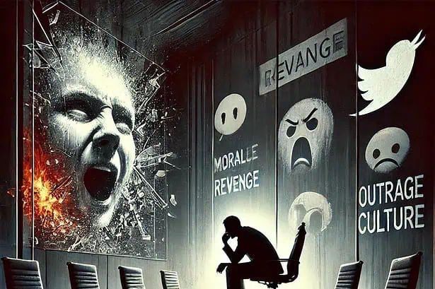 Person contemplating social media influence, with angry faces and symbols on wall.