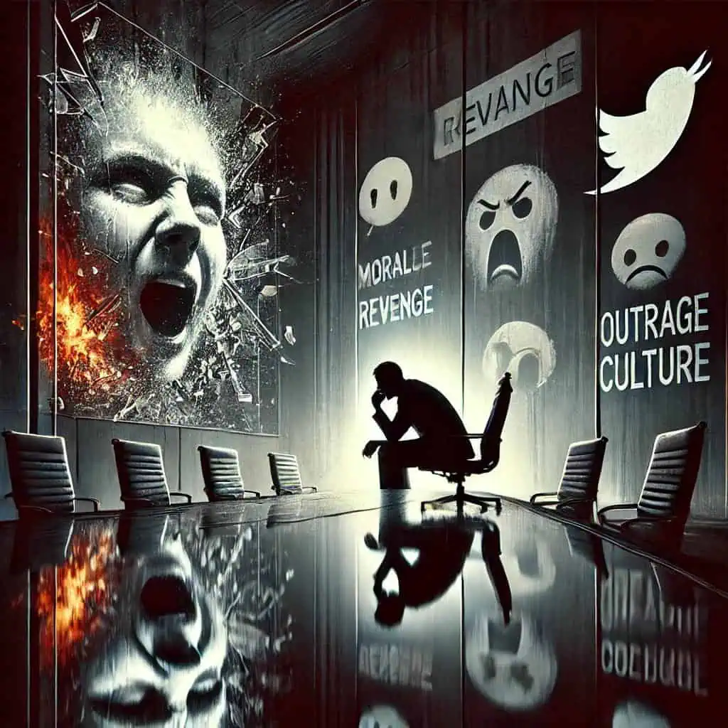 Person contemplating social media influence, with angry faces and symbols on wall.