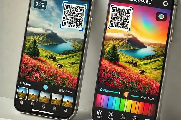 Smartphones displaying colorful landscape photo editing apps with QR codes.