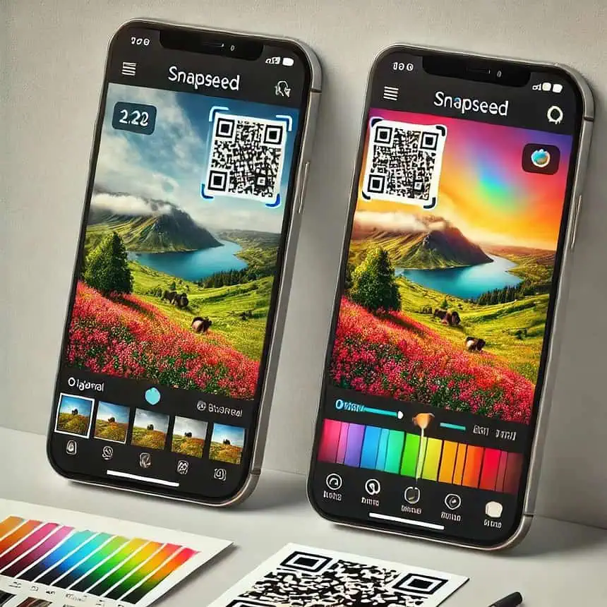 Snapseed QR Codes Are Taking Over—Here's Why You Shouldn't Miss Out! 1 Smartphones displaying colorful landscape photo editing apps with QR codes.