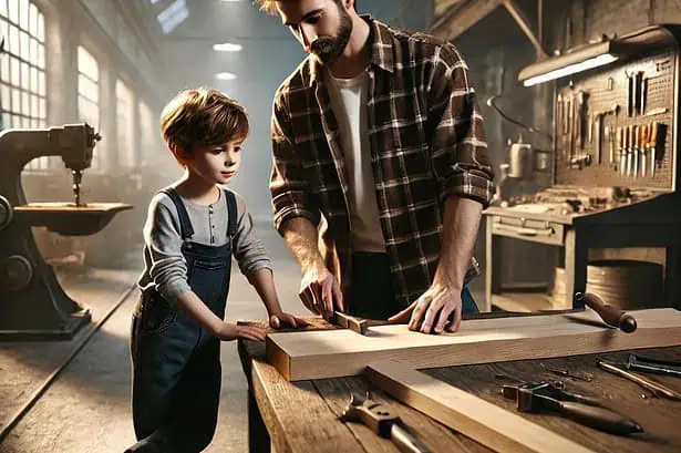 Father and son working together on a woodworking project in a spacious workshop.