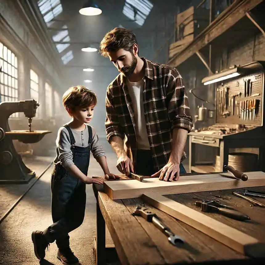 Father and son working together on a woodworking project in a spacious workshop.
