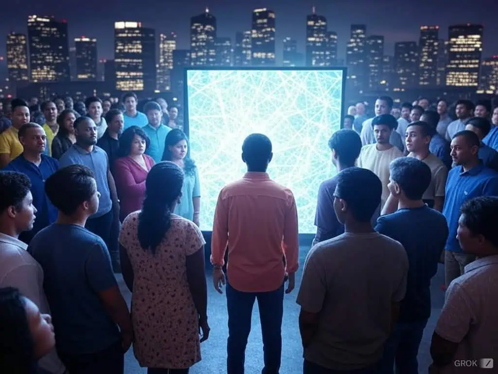 Diverse group of people viewing a digital hologram display at night.