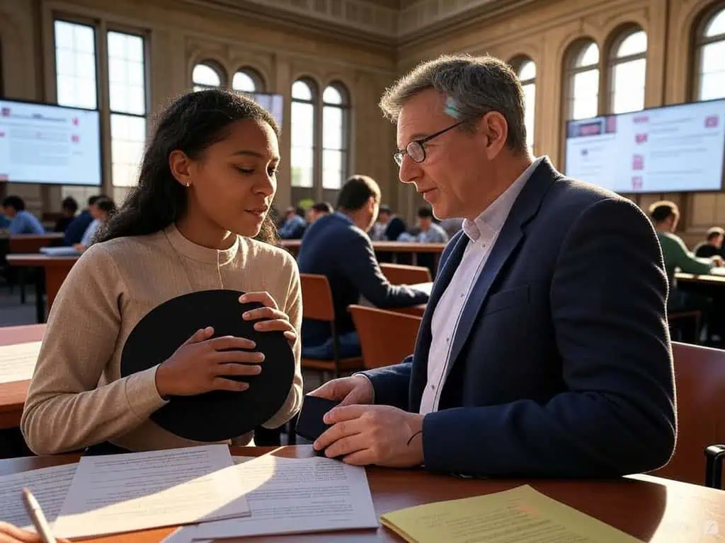 Young woman and older man discussing in a historic library setting.