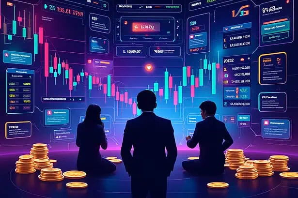 Business professionals analyzing stock market data on digital screens.