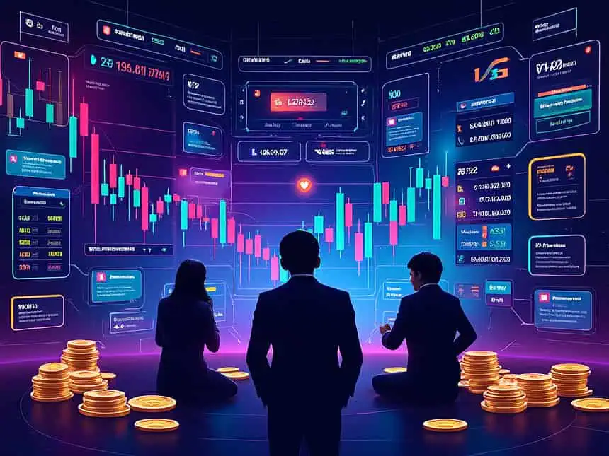 Business professionals analyzing stock market data on digital screens.