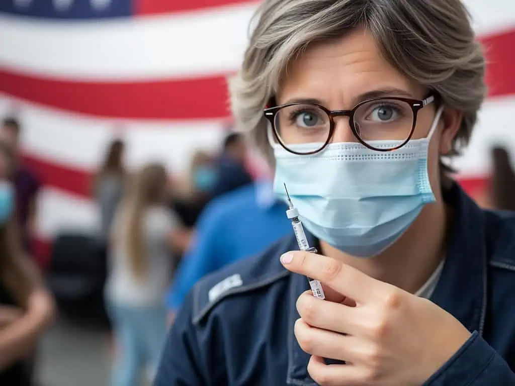 Woman wearing mask and glasses holding a syringe at vaccination site.