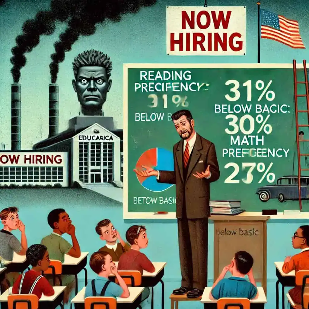 School classroom with teacher explaining educational statistics to students.