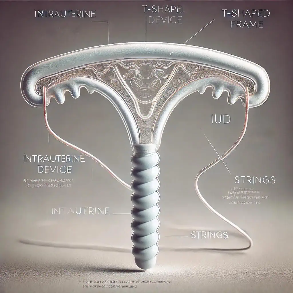Intrauterine device (IUD) illustration highlighting T-shaped frame and strings.