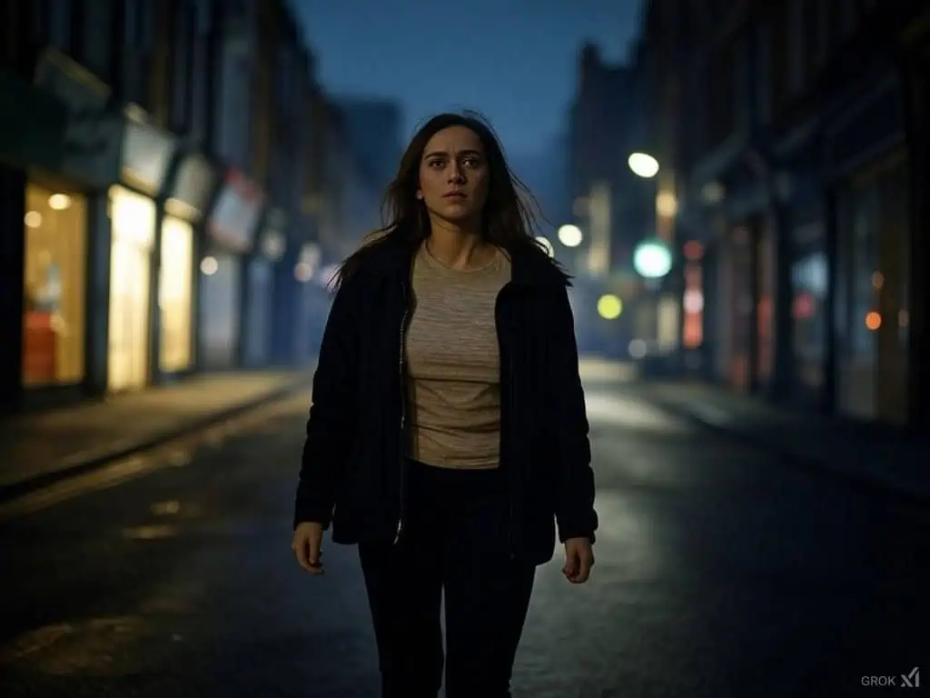 Woman walking alone on city street at night, moody urban atmosphere, nighttime solitude.