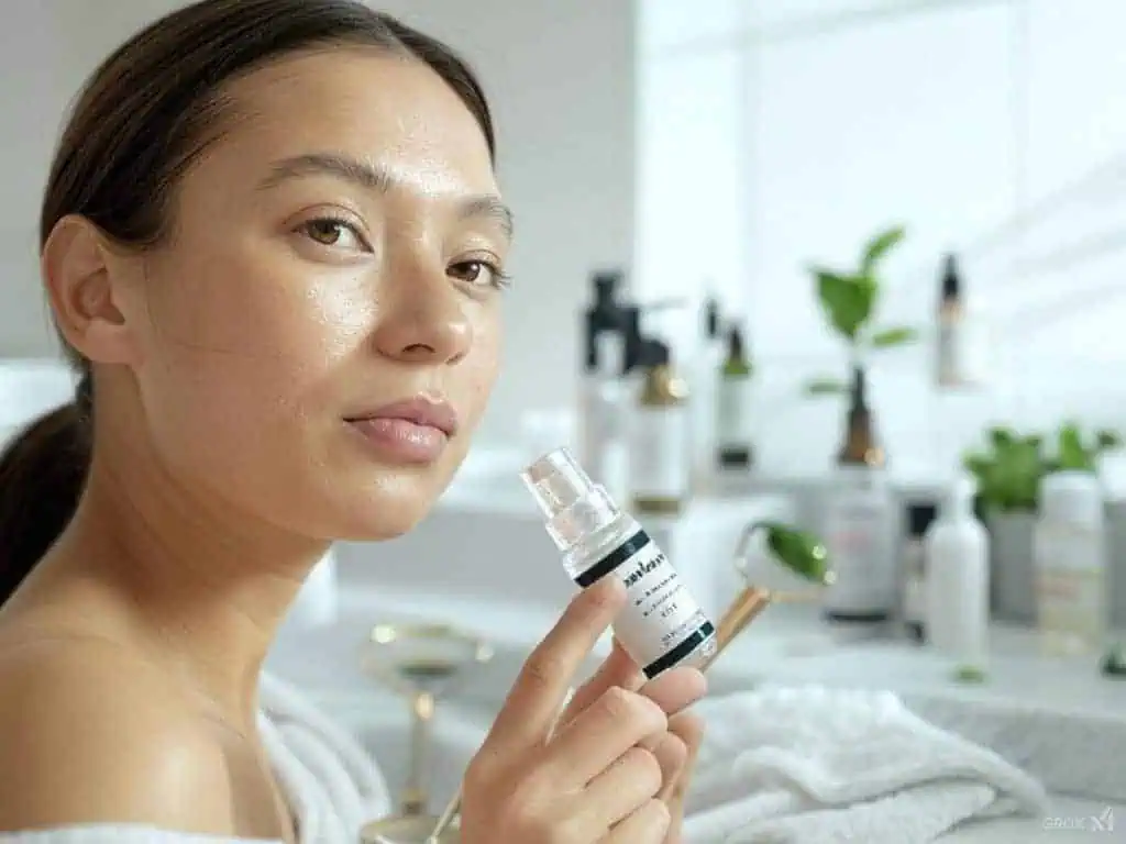 Clean face with natural moisturizer in a bright bathroom.