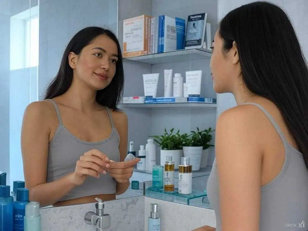 Close-up of young woman consulting with dermatologist in a clinic.