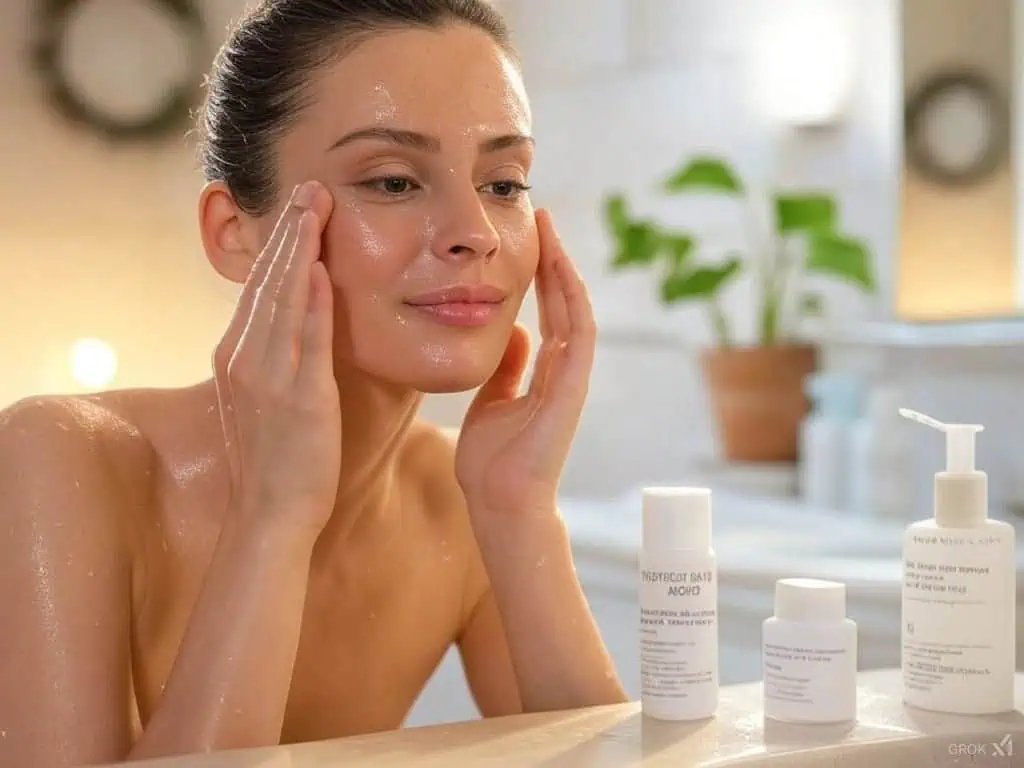 Woman applying moisturizer in bathroom, skincare routine, beauty, hydration, natural skincare, Icy Tales skincare.