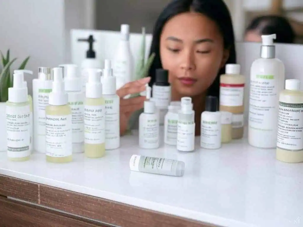 A woman selecting skincare bottles among various face and body care products on a white table.