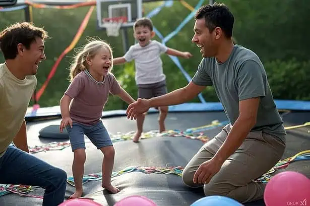 Family enjoying playful moment on a trampoline with kids laughing and playing outdoors.