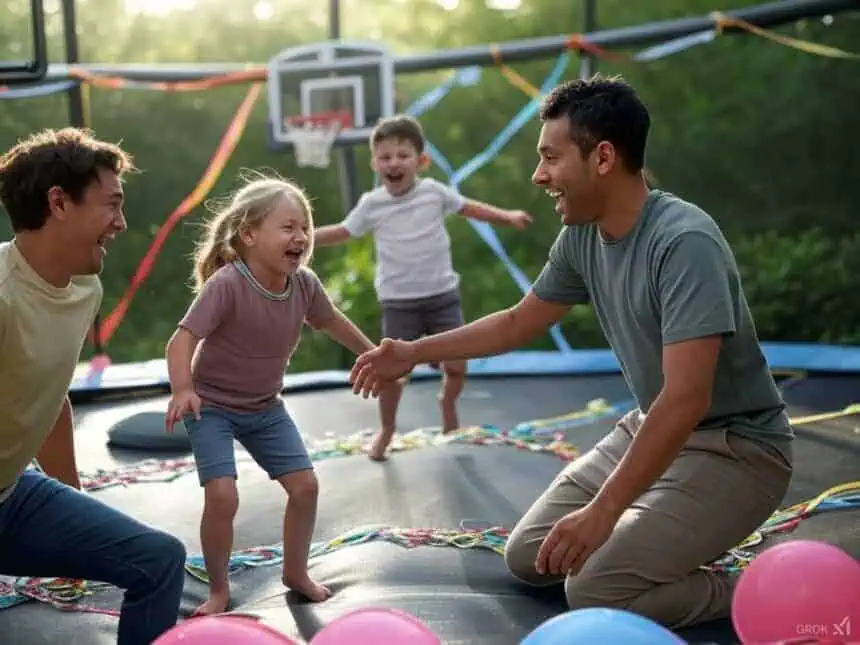 Make Family Time Unforgettable with These Thrilling Indoor and Outdoor Trampoline Games for Endless Bouncing Fun! 1 Family enjoying playful moment on a trampoline with kids laughing and playing outdoors.