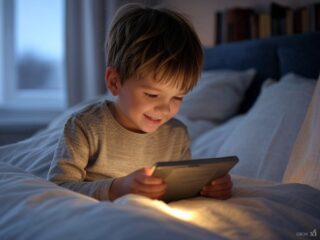 Child using tablet at night in bedroom, light from screen, smiling, entertainment.