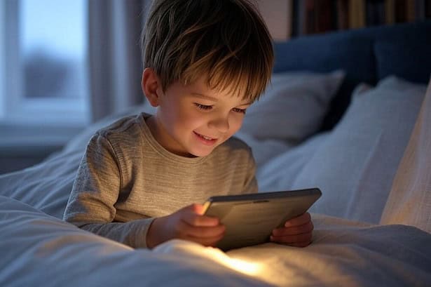 Child using tablet at night in bedroom, light from screen, smiling, entertainment.