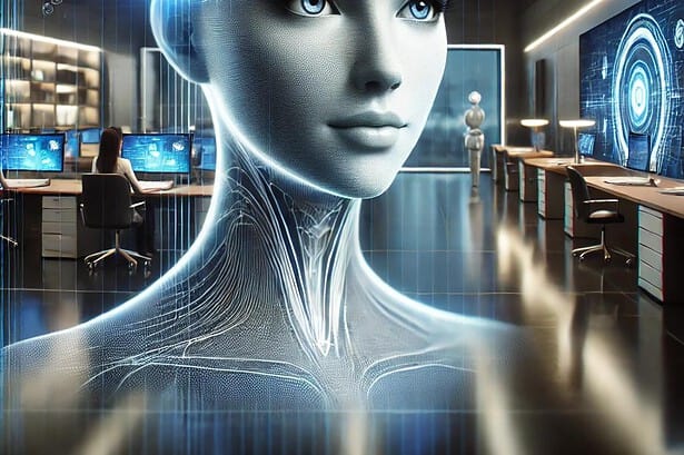 Futuristic female AI humanoid in a high-tech office with digital screens and advanced computing equipment.