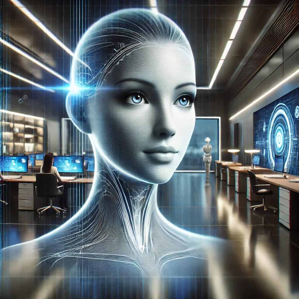 Home Icy 40 Futuristic female AI humanoid in a high-tech office with digital screens and advanced computing equipment.