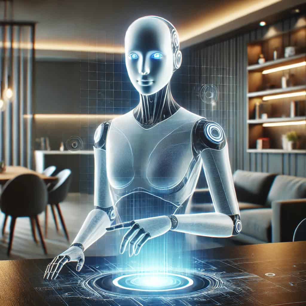 AI robot hologram interactive technology in home setting.