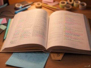 A vibrant, well-used notebook with detailed notes, decorated with highlighters and pens on a wooden desk.