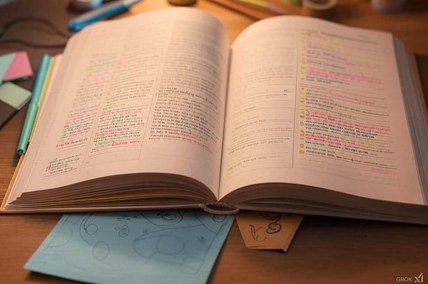 A vibrant, well-used notebook with detailed notes, decorated with highlighters and pens on a wooden desk.