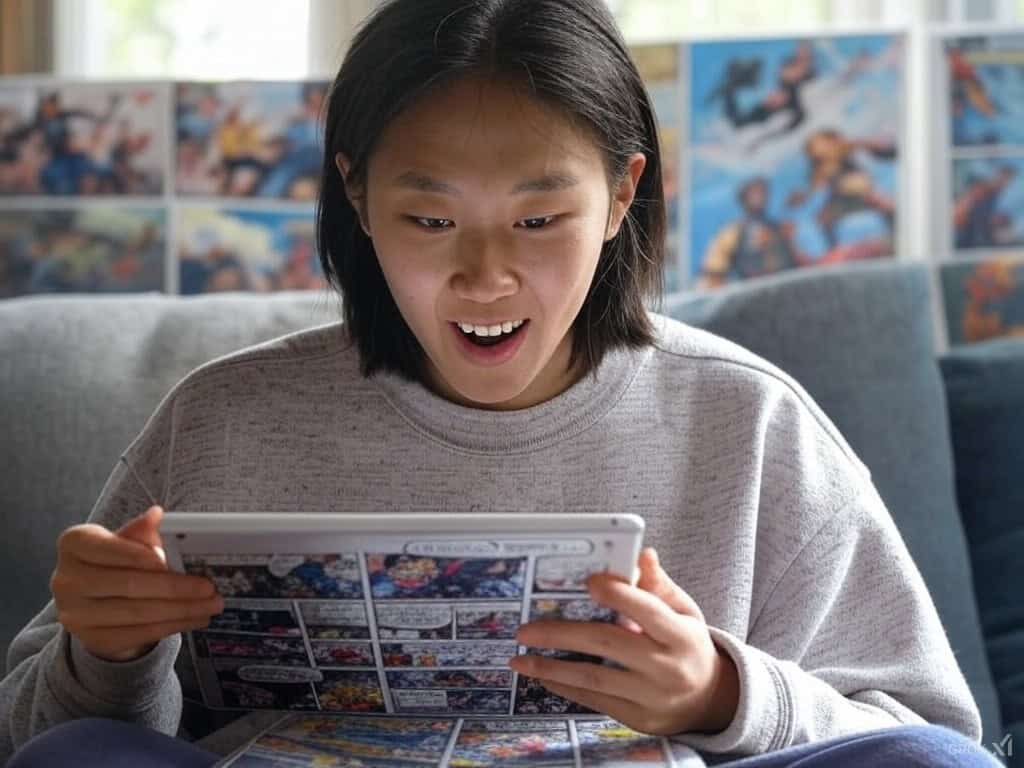 Happy Asian girl playing video game on tablet at home.