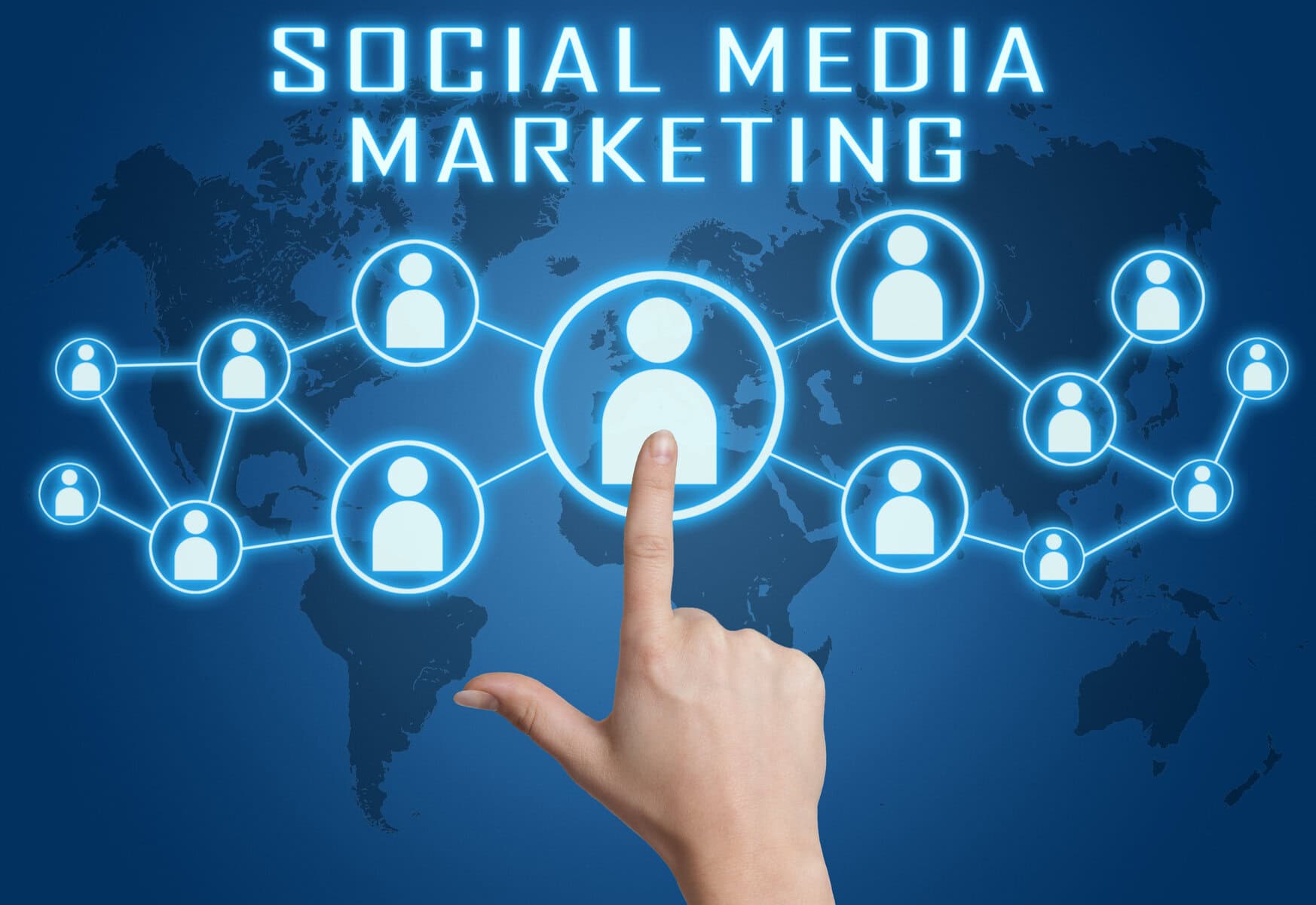 Home Icy 46 Interactive social media marketing concept with connected user icons on world map background.